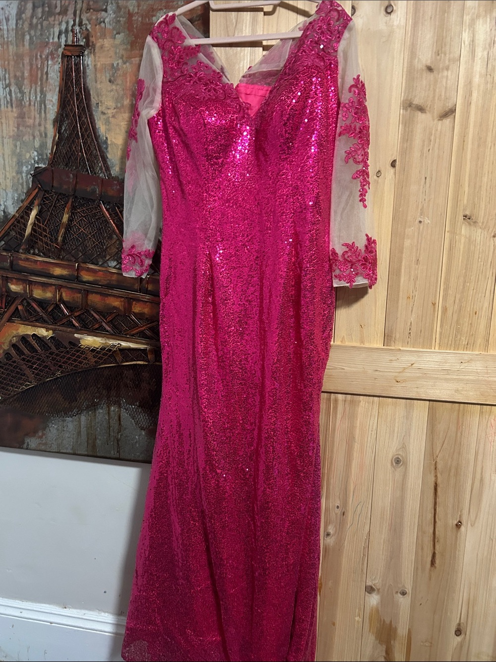 Fuchsia Sequin Evening Gown with Sheer Embroidered Sleeves